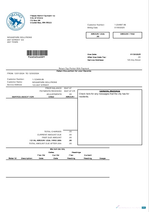 USA Nevada Orono The Lakehore City business utility bill template in Word and PDF formats